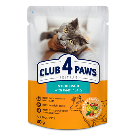 club4paws υγρή τροφή γάτας με βοδινό σε ζελέ σε φακελάκι 80 γραμμάρια