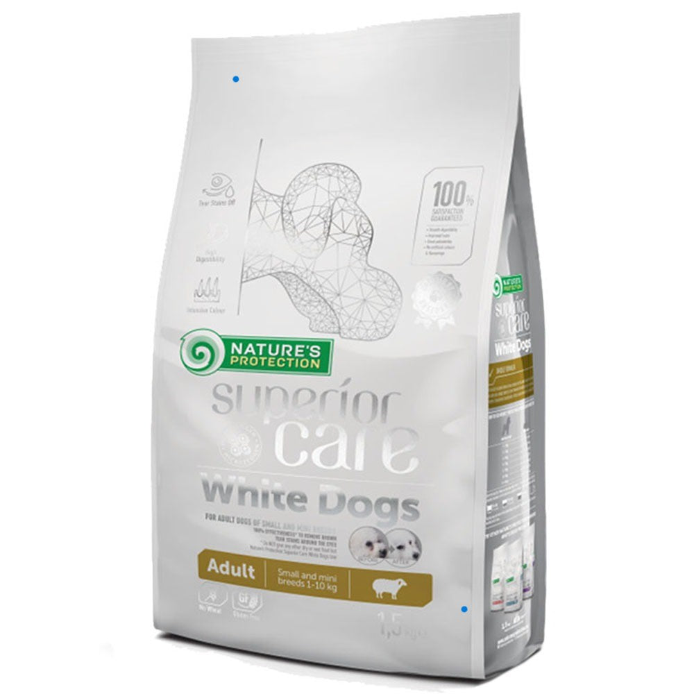NATURE’S PROTECTION Superior Care White Dogs Adult με αρνί είναι ξηρά τροφή ειδικά σχεδιασμένη για ενήλικους σκύλους μικρόσωμων και μίνι φυλών με λευκό τρίχωμα, βάρους 1–10 kg
